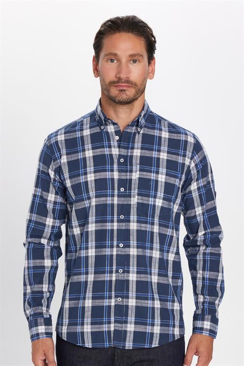 Erkek Regular Fit Klasik Kesim Oversize %100 Pamuk Keten Doku Tek Cep Kareli Düğmeli Yaka Gömlek