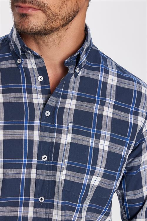 Erkek Regular Fit Klasik Kesim Oversize %100 Pamuk Keten Doku Tek Cep Kareli Düğmeli Yaka Gömlek