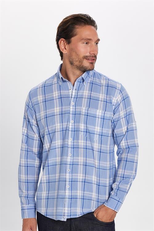 Erkek Regular Fit Klasik Kesim Oversize %100 Pamuk Keten Doku Tek Cep Kareli Düğmeli Yaka Gömlek
