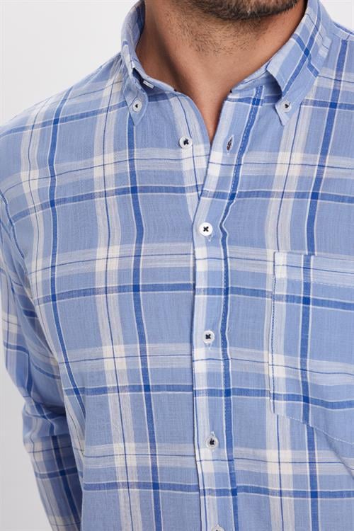 Erkek Regular Fit Klasik Kesim Oversize %100 Pamuk Keten Doku Tek Cep Kareli Düğmeli Yaka Gömlek