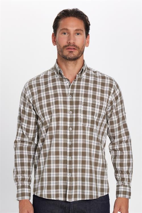 Erkek Regular Fit Klasik Kesim Oversize %100 Pamuk Keten Doku Tek Cep Kareli Düğmeli Yaka Gömlek