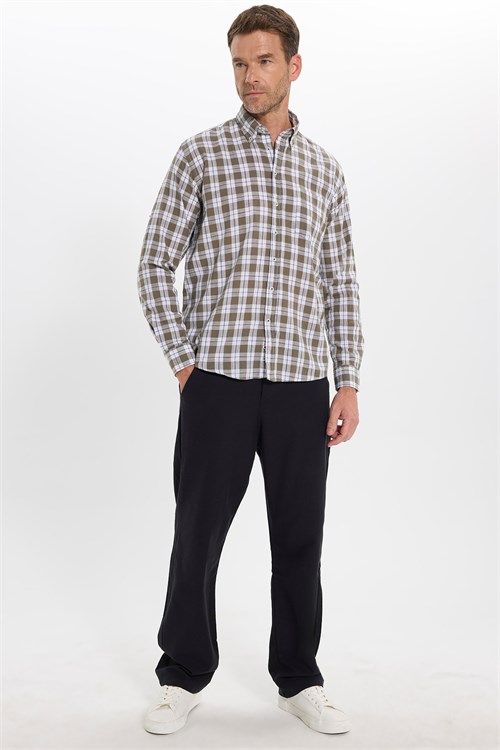 Erkek Regular Fit Klasik Kesim Oversize %100 Pamuk Keten Doku Tek Cep Kareli Düğmeli Yaka Gömlek