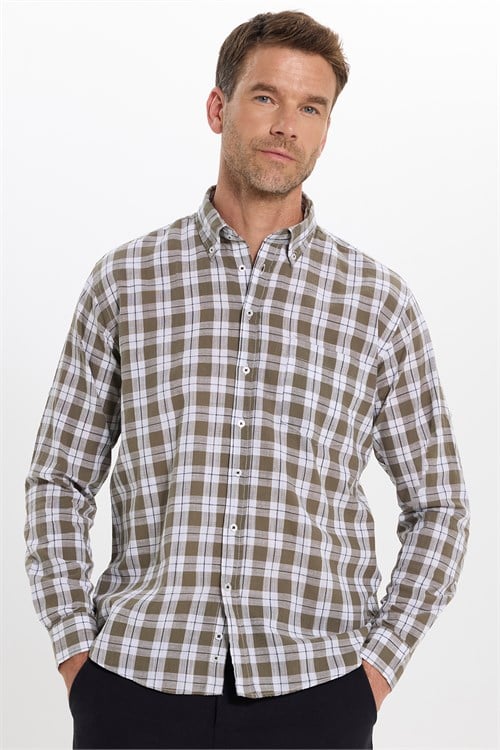 Erkek Regular Fit Klasik Kesim Oversize %100 Pamuk Keten Doku Tek Cep Kareli Düğmeli Yaka Gömlek