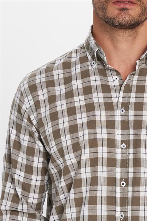 Erkek Regular Fit Klasik Kesim Oversize %100 Pamuk Keten Doku Tek Cep Kareli Düğmeli Yaka Gömlek