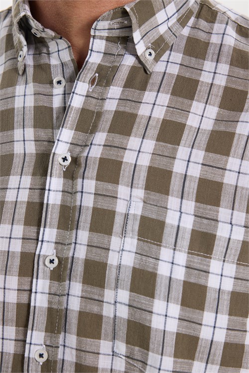 Erkek Regular Fit Klasik Kesim Oversize %100 Pamuk Keten Doku Tek Cep Kareli Düğmeli Yaka Gömlek