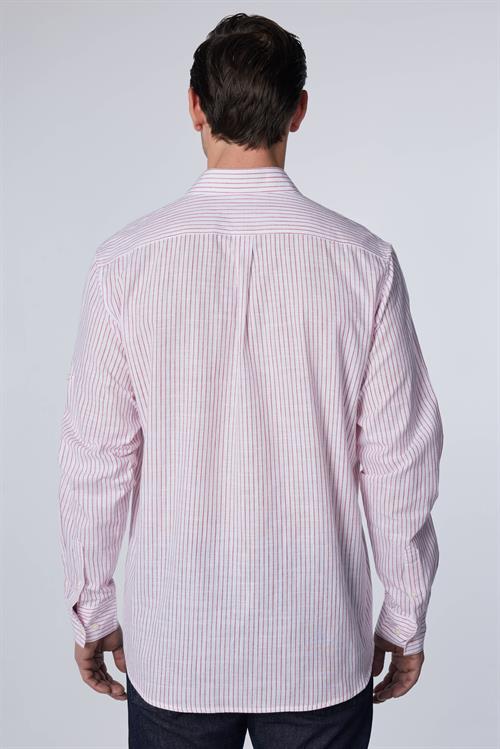 Erkek Regular Fit Klasik Kesim Oversize %100 Pamuk Keten Doku Tek Cepli Çizgili Beyaz Gömlek