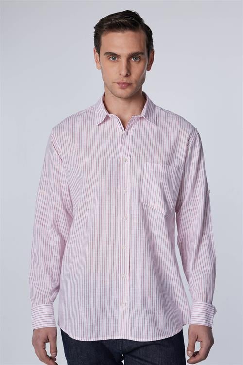 Erkek Regular Fit Klasik Kesim Oversize %100 Pamuk Keten Doku Tek Cepli Çizgili Beyaz Gömlek