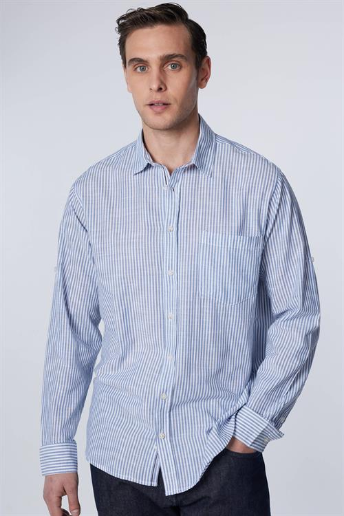 Erkek Regular Fit Klasik Kesim Oversize %100 Pamuk Keten Doku Tek Cepli Çizgili Beyaz Gömlek