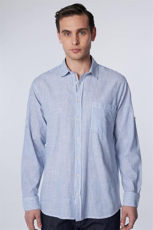 Erkek Regular Fit Klasik Kesim Oversize %100 Pamuk Keten Doku Tek Cepli Çizgili Beyaz Gömlek