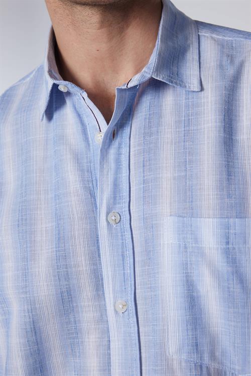 Erkek Regular Fit Klasik Kesim Oversize %100 Pamuk Keten Doku Tek Cepli Çizgili Gömlek