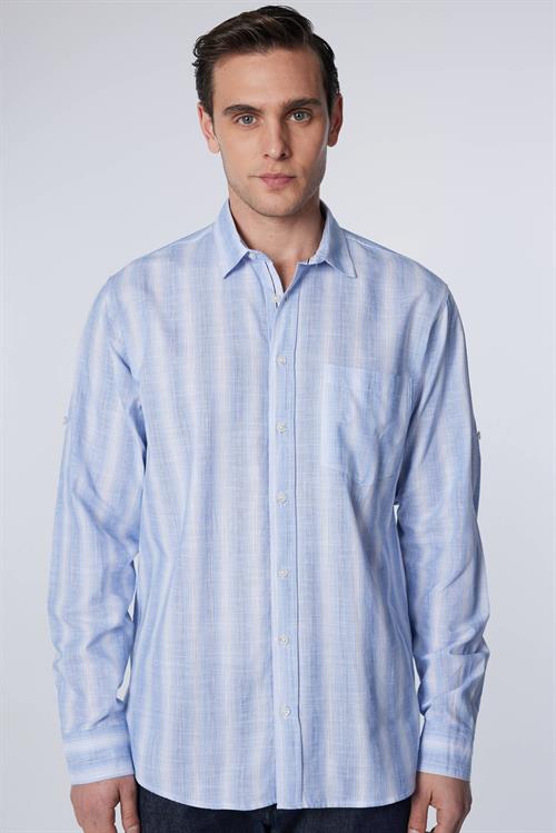 Erkek Regular Fit Klasik Kesim Oversize %100 Pamuk Keten Doku Tek Cepli Çizgili Gömlek