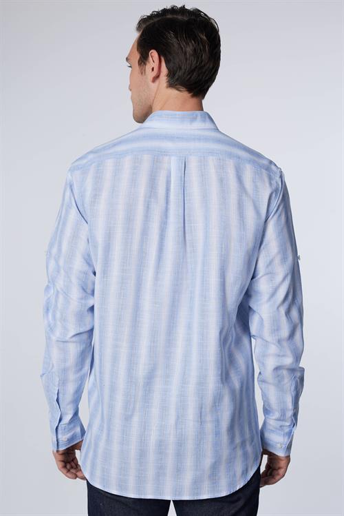 Erkek Regular Fit Klasik Kesim Oversize %100 Pamuk Keten Doku Tek Cepli Çizgili Gömlek