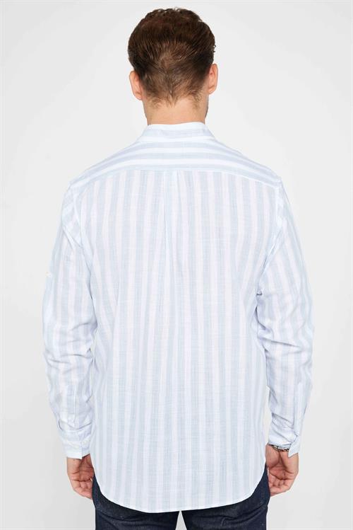 Erkek Regular Fit Klasik Kesim Oversize %100 Pamuk Keten Doku Tek Cepli Çizgili Gömlek