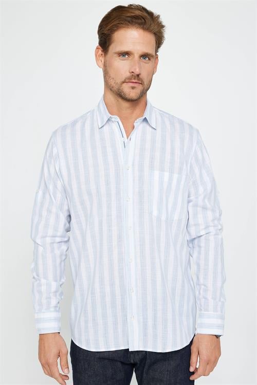 Erkek Regular Fit Klasik Kesim Oversize %100 Pamuk Keten Doku Tek Cepli Çizgili Gömlek