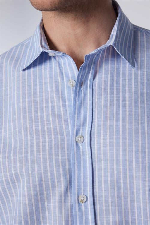 Erkek Regular Fit Klasik Kesim Oversize %100 Pamuk Keten Doku Çizgili Gömlek