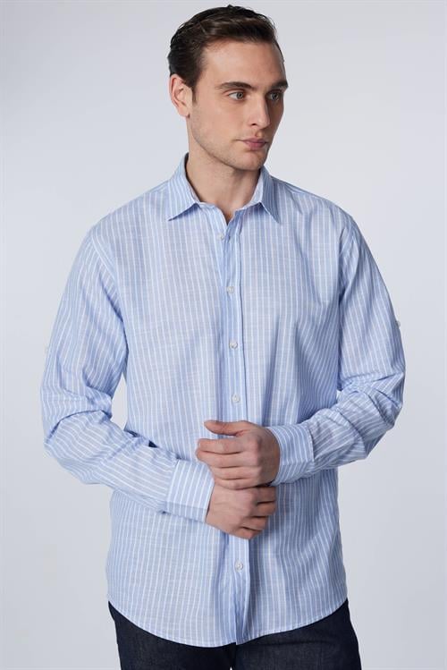 Erkek Regular Fit Klasik Kesim Oversize %100 Pamuk Keten Doku Çizgili Gömlek