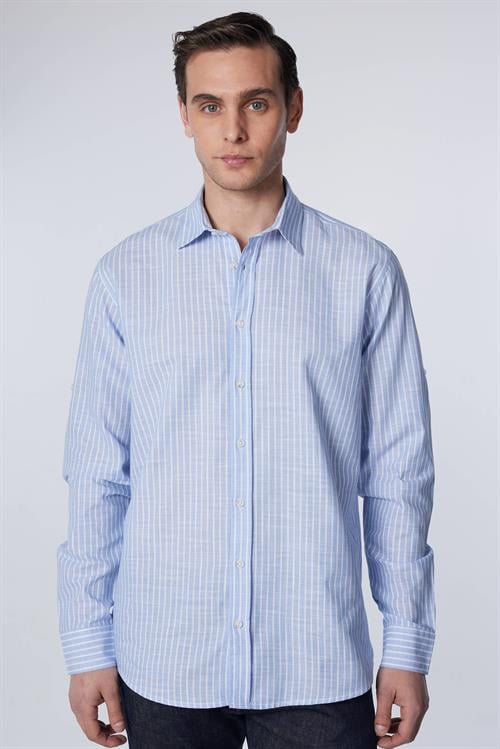 Erkek Regular Fit Klasik Kesim Oversize %100 Pamuk Keten Doku Çizgili Gömlek