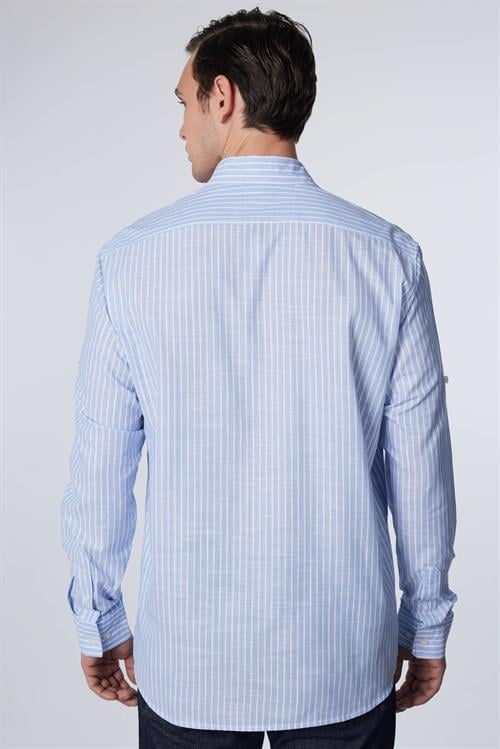 Erkek Regular Fit Klasik Kesim Oversize %100 Pamuk Keten Doku Çizgili Gömlek