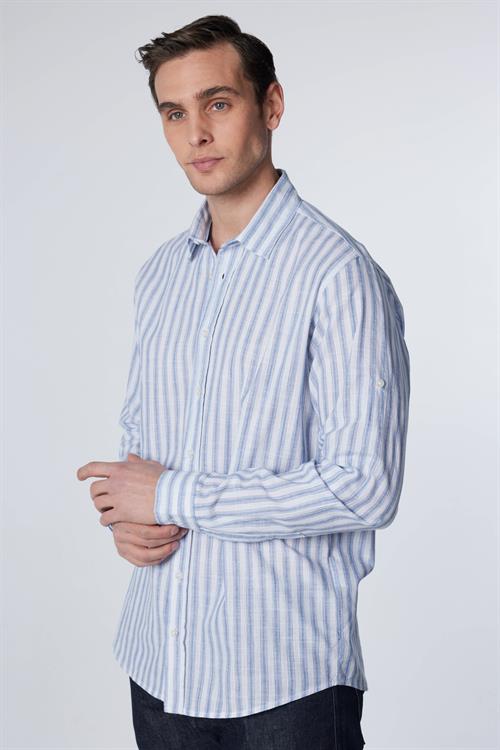 Erkek Regular Fit Rahat Kesim Oversize %100 Pamuk Keten Doku Çizgili Gömlek