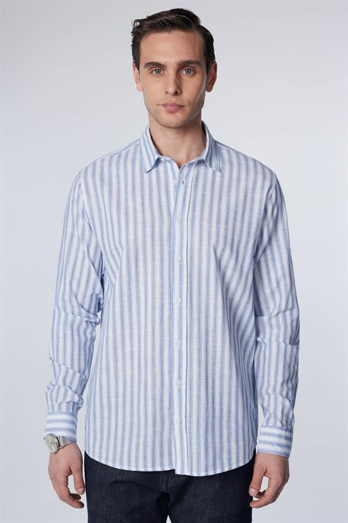 Erkek Regular Fit Rahat Kesim Oversize %100 Pamuk Keten Doku Çizgili Gömlek
