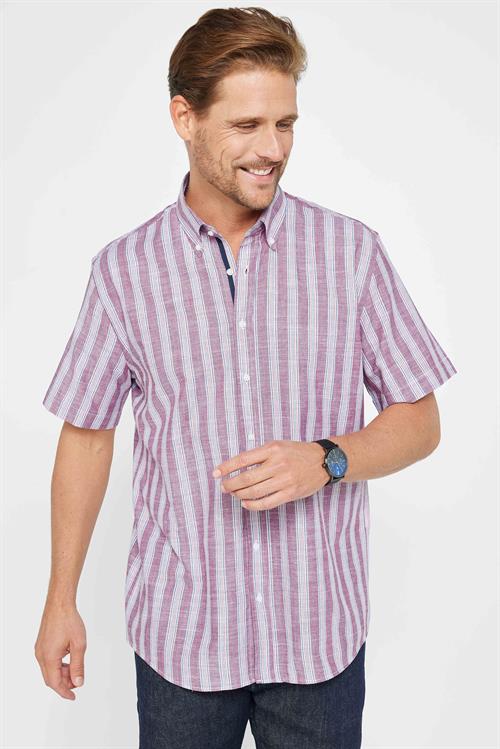 Erkek Regular Fit Rahat Kesim Oversize %100 Pamuk Keten Doku Çizgili Düğmeli Yaka Gömlek