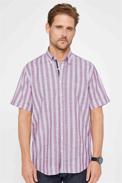 Erkek Regular Fit Rahat Kesim Oversize %100 Pamuk Keten Doku Çizgili Düğmeli Yaka Gömlek