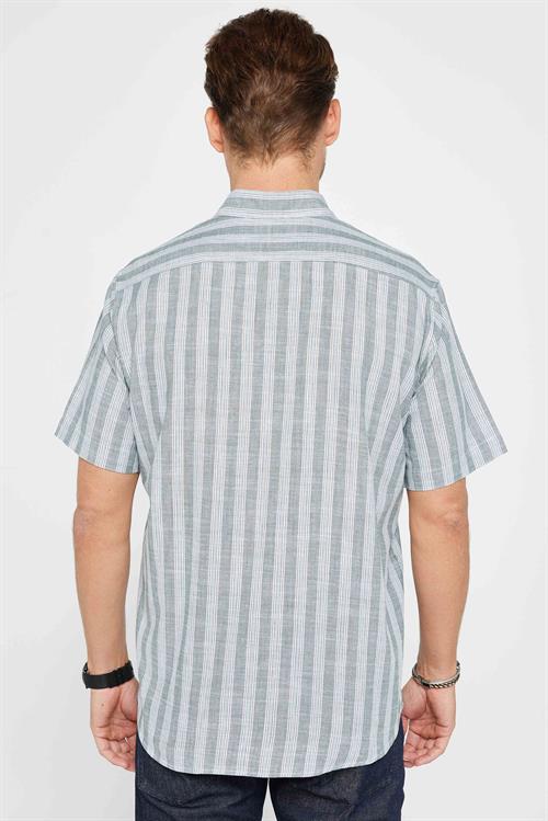 Erkek Regular Fit Rahat Kesim Oversize %100 Pamuk Keten Doku Çizgili Düğmeli Yaka Gömlek