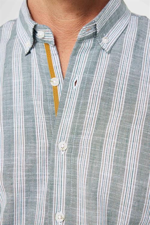 Erkek Regular Fit Rahat Kesim Oversize %100 Pamuk Keten Doku Çizgili Düğmeli Yaka Gömlek