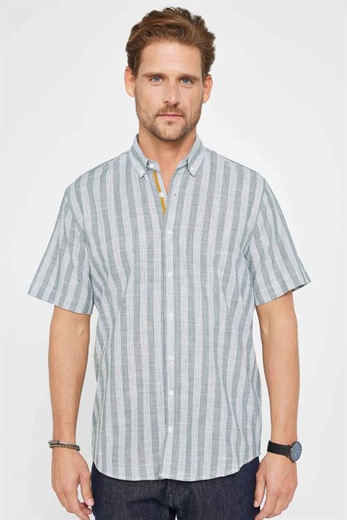 Erkek Regular Fit Rahat Kesim Oversize %100 Pamuk Keten Doku Çizgili Düğmeli Yaka Gömlek