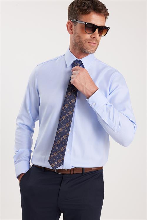 Regular Fit Mavi Non-Iron %100 Pamuk Doğa Dostu Ekoteks Belgeli Ütü Gerektirmez Gömlek