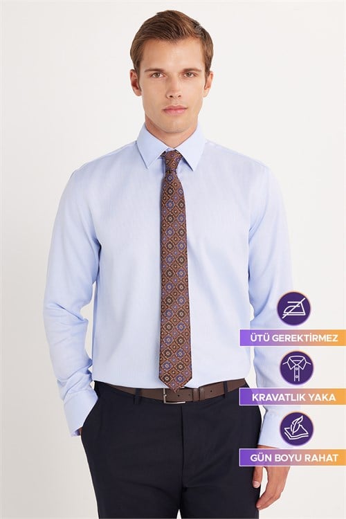 Regular Fit Mavi Non-Iron %100 Pamuk Doğa Dostu Ekoteks Belgeli  Gömlek