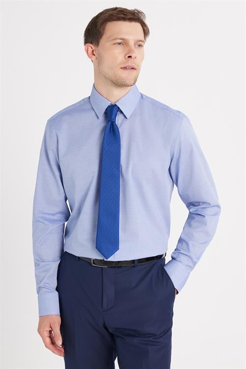 Regular Fit Saks Mavi Non-Iron %100 Pamuk Doğa Dostu Ekoteks Belgeli Ütü Gerektirmez Gömlek