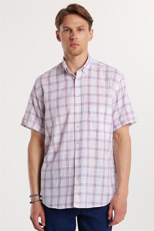 Erkek Regular Fit Klasik Kesim Oversize %100 Pamuk Keten Doku Tek Cepli Kareli Kısa Kollu Düğmeli Yaka Gömlek