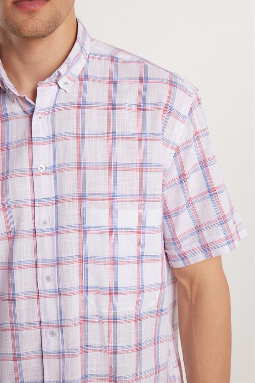 Erkek Regular Fit Klasik Kesim Oversize %100 Pamuk Keten Doku Tek Cepli Kareli Kısa Kollu Düğmeli Yaka Gömlek
