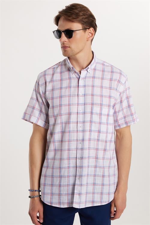 Erkek Regular Fit Klasik Kesim Oversize %100 Pamuk Keten Doku Tek Cepli Kareli Kısa Kollu Düğmeli Yaka Gömlek