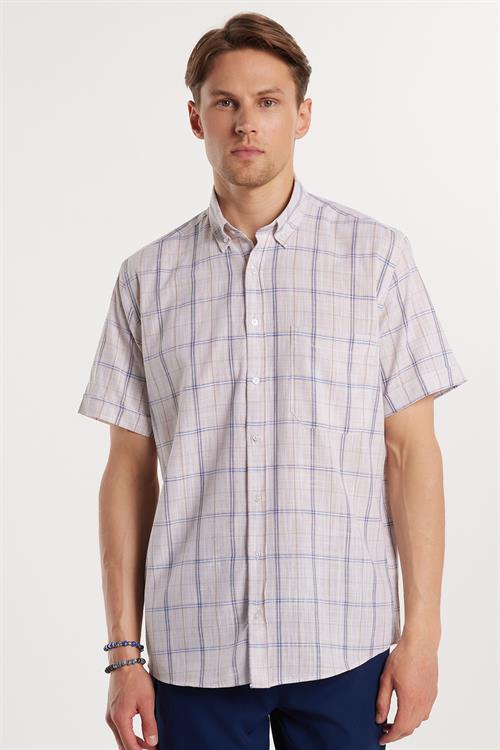 Erkek Regular Fit Klasik Kesim Oversize %100 Pamuk Keten Doku Tek Cepli Kareli Kısa Kollu Düğmeli Yaka Gömlek