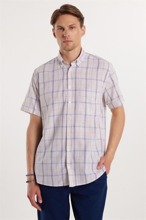 Erkek Regular Fit Klasik Kesim Oversize %100 Pamuk Keten Doku Tek Cepli Kareli Kısa Kollu Düğmeli Yaka Gömlek