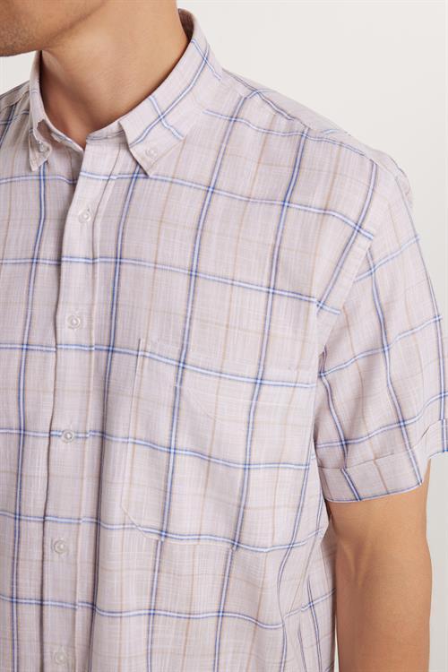 Erkek Regular Fit Klasik Kesim Oversize %100 Pamuk Keten Doku Tek Cepli Kareli Kısa Kollu Düğmeli Yaka Gömlek