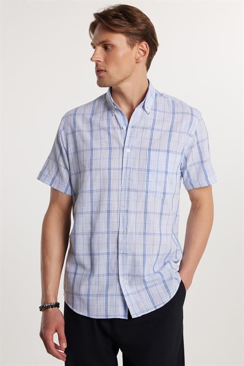Erkek Regular Fit Klasik Kesim Oversize %100 Pamuk Keten Doku Tek Cepli Kareli Kısa Kollu Düğmeli Yaka Gömlek