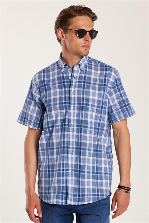 Erkek Regular Fit Klasik Kesim Oversize %100 Pamuk Keten Doku Cepli Kareli Kısa Kollu Düğmeli Yaka Gömlek