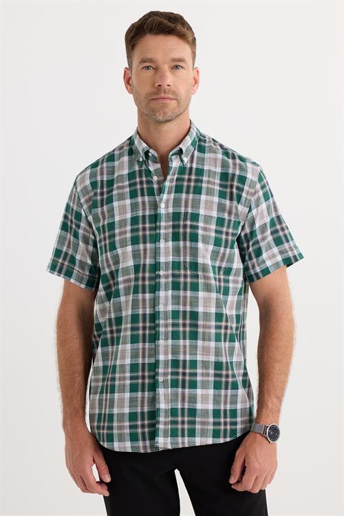 Erkek Regular Fit Klasik Kesim Oversize %100 Pamuk Keten Doku Cepli Kareli Kısa Kollu Düğmeli Yaka Gömlek
