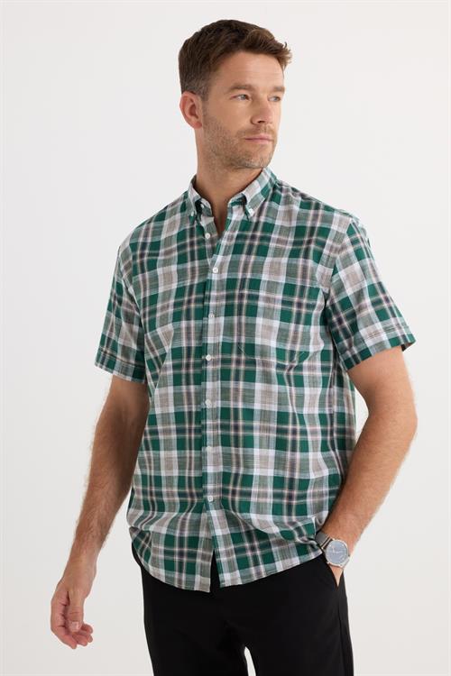 Erkek Regular Fit Klasik Kesim Oversize %100 Pamuk Keten Doku Cepli Kareli Kısa Kollu Düğmeli Yaka Gömlek
