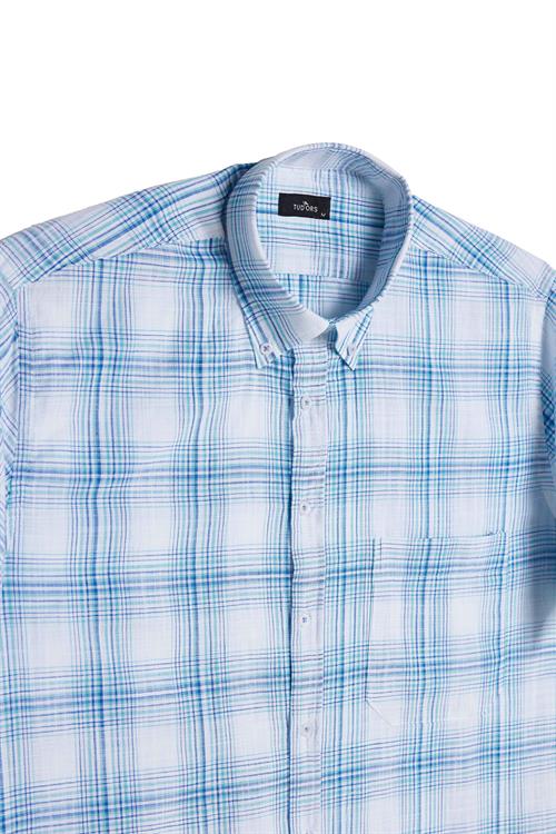 Erkek Regular Fit Klasik Kesim Oversize %100 Pamuk Keten Doku Cepli Kareli Kısa Kollu Düğmeli Yaka Gömlek