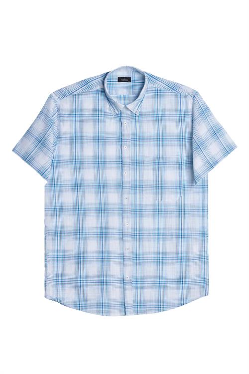 Erkek Regular Fit Klasik Kesim Oversize %100 Pamuk Keten Doku Cepli Kareli Kısa Kollu Düğmeli Yaka Gömlek