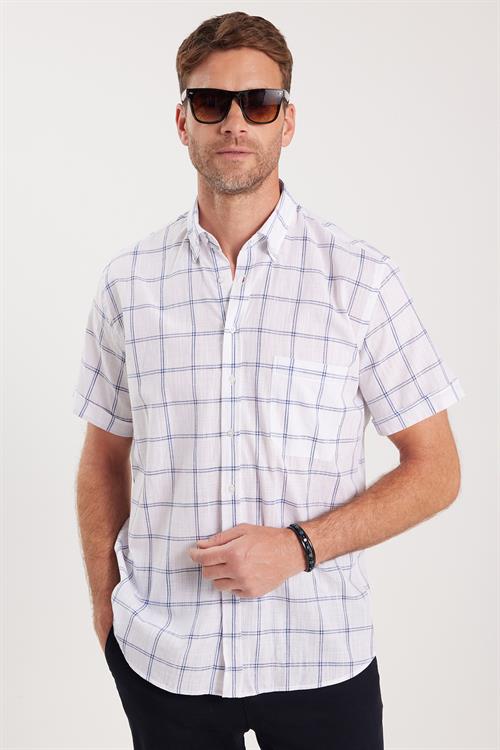 Erkek Regular Fit Klasik Kesim Oversize %100 Pamuk Keten Doku Cepli Kareli Kısa Kollu Düğmeli Yaka Gömlek