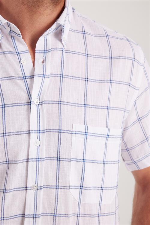 Erkek Regular Fit Klasik Kesim Oversize %100 Pamuk Keten Doku Cepli Kareli Kısa Kollu Düğmeli Yaka Gömlek