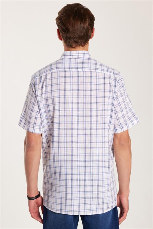 Erkek Regular Fit Klasik Kesim Oversize %100 Pamuk Keten Doku Cepli Kareli Kısa Kollu Düğmeli Yaka Gömlek