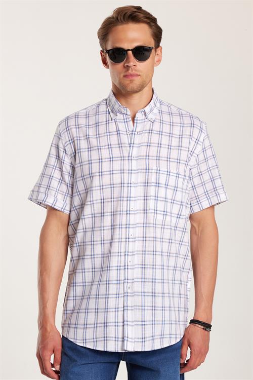 Erkek Regular Fit Klasik Kesim Oversize %100 Pamuk Keten Doku Cepli Kareli Kısa Kollu Düğmeli Yaka Gömlek