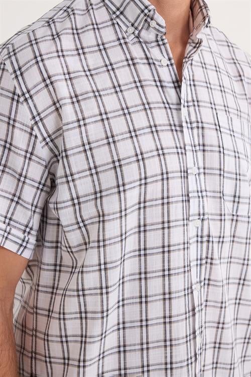 Erkek Regular Fit Klasik Kesim Oversize %100 Pamuk Keten Doku Cepli Kareli Kısa Kollu Düğmeli Yaka Gömlek
