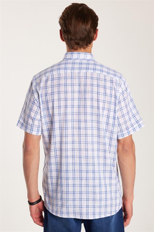 Erkek Regular Fit Klasik Kesim Oversize %100 Pamuk Keten Doku Cepli Kareli Kısa Kollu Düğmeli Yaka Gömlek
